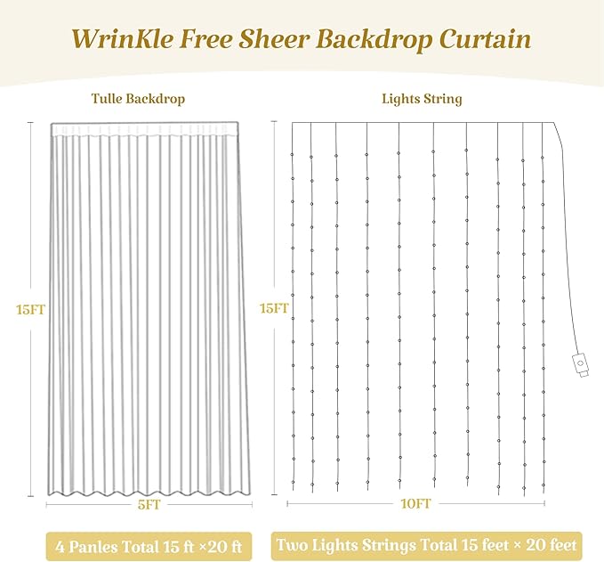 20×15ft White Tulle Backdrop Curtain with Lights String for Parites Sheer Fabric Backdrop Curtains White Backdrop Drapes for Wedding Baby Shower Birthday Party Photo Shoot Background 4 Panels 5ft×15ft