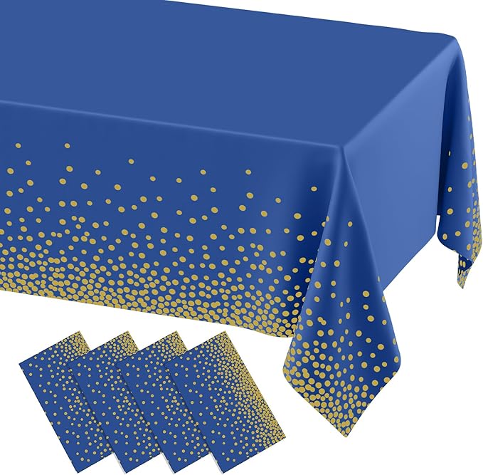 misaya 4 Packs Dot Disposable Table Cloth, 54 x 108 Inch Waterproof Plastic Tablecloth, Rectangle Gold Dots in Navy Table Covers for Easter, Picnic, Birthday, Party