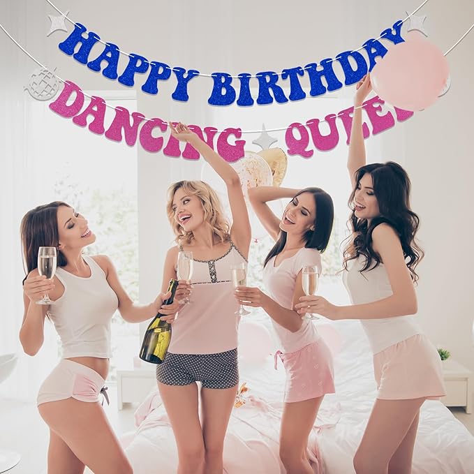 Happy Birthday Dancing Queen Banner Dancing Queen Themed Birthday Party Decorations Disco Bday Decorations Mamma Mia Decor Blue & Hot Pink