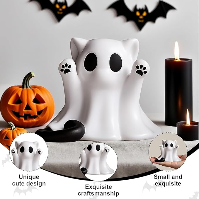 Halloween Ghost Statue Cute Spooky Figurines Desk Decor Cartoon Mini Spooky Decorations Halloween Unique Cat Ghost Figurines for Festive Home and Office Desktop Decor Display Ornaments