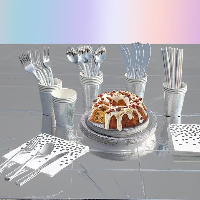 201-piece disposable party tableware set with paper plates, cups, napkins, straws, tablecloths, plastic knives, forks and spoons for a variety of party occasions for up to 25 people (Silver Snowflake)