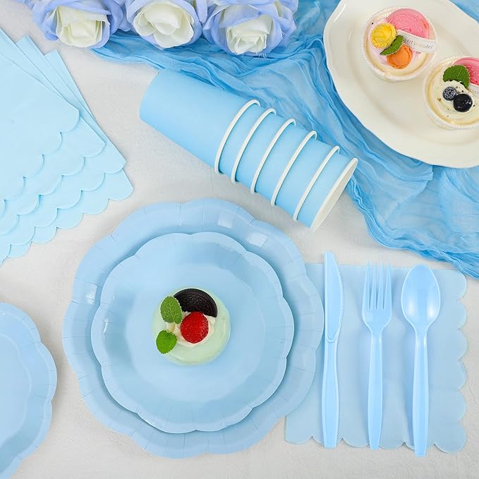175 Pcs Light Blue Plates and Napkins Set, 25 Guest Blue Supplies Include Scalloped Easter Plates Napkin Cup Forks Knives Disposable Plastic Cutlery for Wedding Boy Baby Shower Birthday Banquet