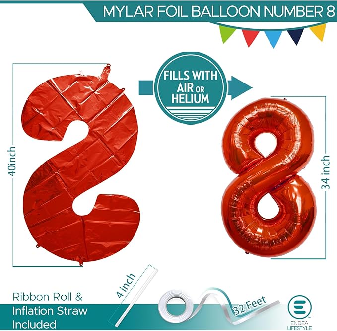40 Inch Large Red Number Celebration and Decoration Balloon for Birthday Parties, Graduations, Anniversaries, Weddings, Photo Shoots, Special Events - Helium Foil Mylar (Red Number 8)