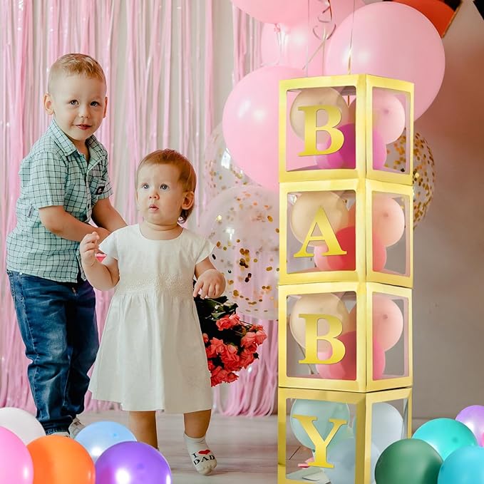 Baby Boxes with 4 PCS Letters for Baby Shower White Clear Balloon Box Blocks Gender Reveal Decorations and Birthday Party (Gold)
