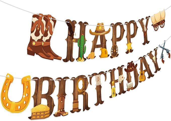 Cowboy Party Decorations Happy Birthday Banner Western Cowboy Party Banner Garland for Birthday Party Decorations Cowboy Party Supplies