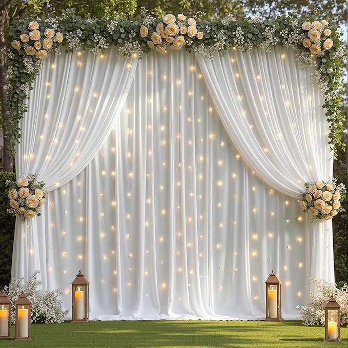 20 x 10ft White Backdrop Curtains with Lights String for Wedding Polyester Photo Backdrop Drapes Wrinkle Free White Long Curtains for Birthday Parties Reception Baby Shower Ceremony-10 x 5ft x 4Panels