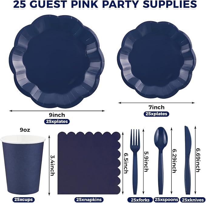 175 Pcs Navy Blue Plates and Napkins Set, 25 Guest Navy Blue Party Supplies Include Scalloped Plate Paper Napkin Cup Forks Knives Disposable Plastic Cutlery for Wedding Baby Shower Birthday Party