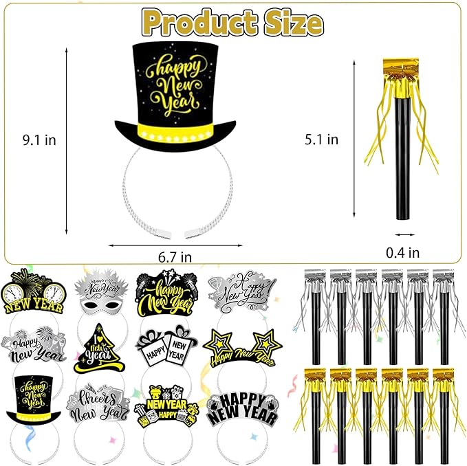 Openfly New Years Eve Party Supplies 2026 Happy New Year Headband Tiara New Year Fringed Noise Makers Party Favors
