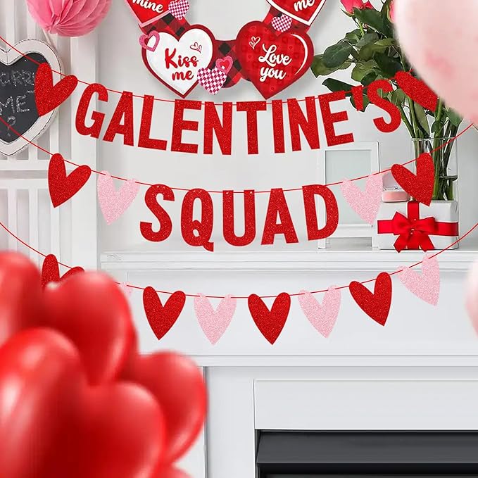 Glitter Galentines Squad Banner with Love Hearts - No DIY - Valentines Day Party Supplies, Women Girl Lady Galentines Day Decorations