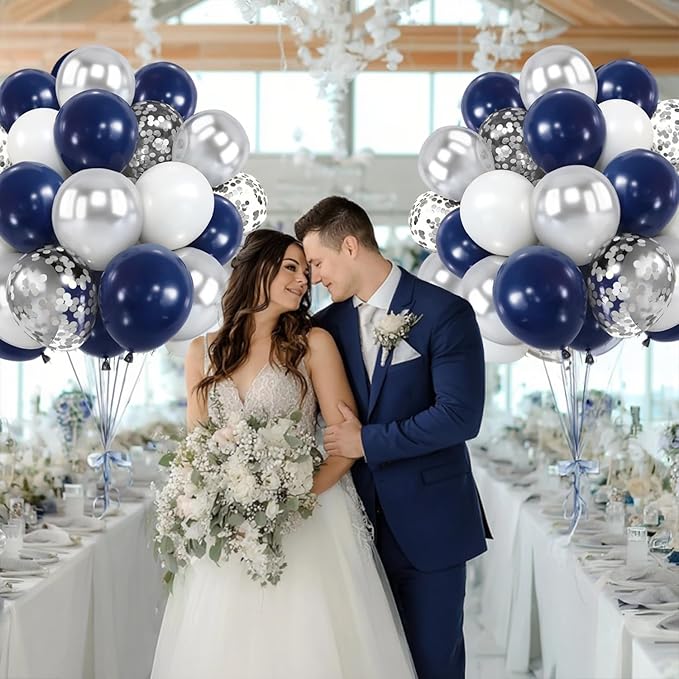Navy Blue Silver Balloons Kit,50pcs 12inch Royal Dark Blue Metallic Silver White Balloon with Conffetti Latex Balloon for Wedding Graduation Birthday Anniversary Party Decorations