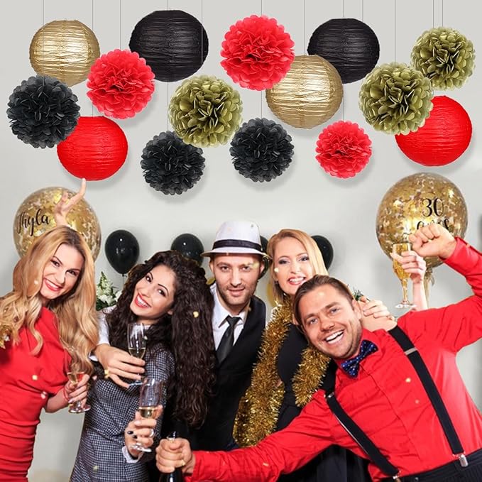 zilue Red and Black Party Decorations, Paper Lanterns and Pom Poms Flowers for Birthday Party New Years Retirement Decor Pack of 15 Pieces