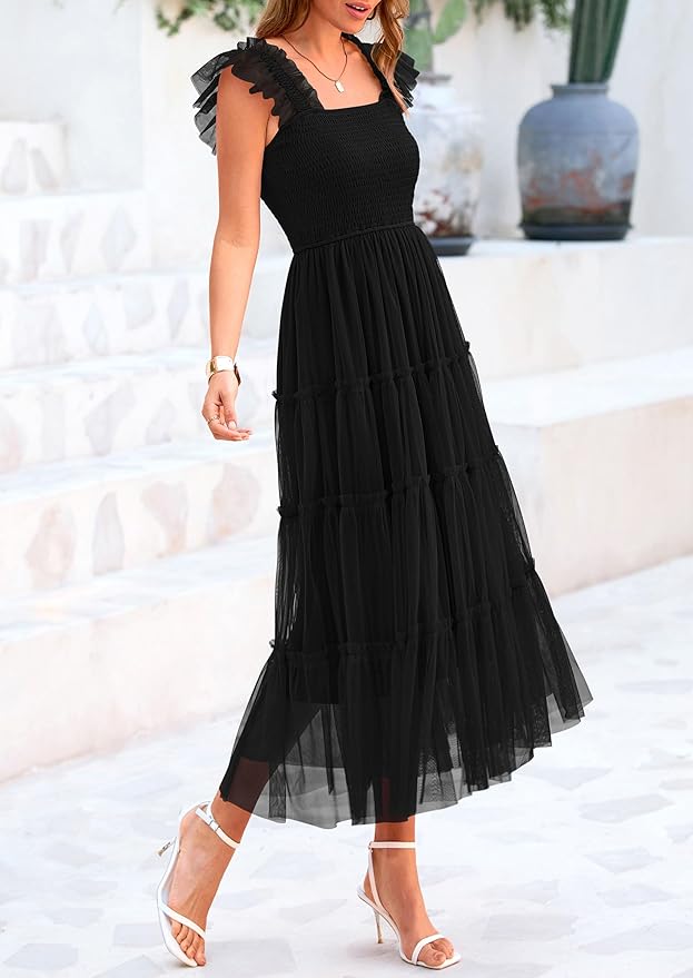 PRETTYGARDEN Women's Summer Tulle Midi Dress Sleeveless Smocked Ruffle Flowy Mesh Dresses Party Wedding Guest Sundress