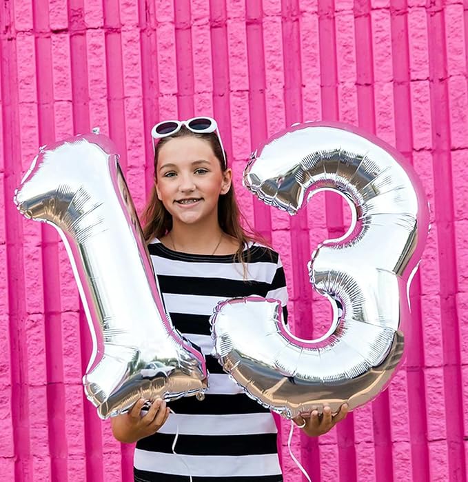 Large Silver 13 Number Balloons, 40 Inch Jumbo Number 13 Balloon, Silver Foil Mylar Balloons for Girl Sweet 13th/31th Birthday Party, Anniversary Decorations