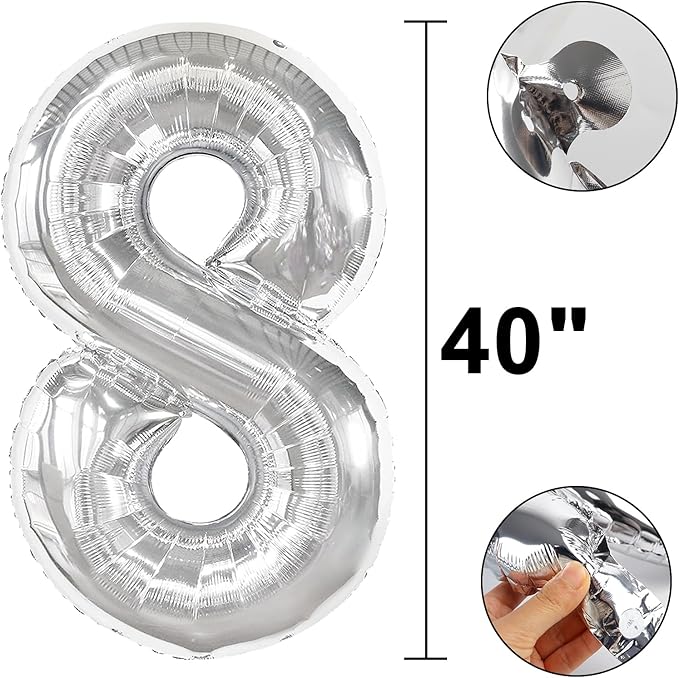 40 Inch Silver 8 Number Balloons Jumbo Mylar Foil Helium Balloon for 18 28 38 Birthday Digital Silver 80th Birthday Anniversary Party Decorations Supplies