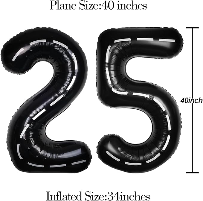 Race Car 40Inch Black 25 Balloon Number Large Helium Race Track 0-9 Giant Digital 25th Foil Mylar Big Party Number Balloons for Boy Birthday Car Theme Party Anniversary Graduation Decorations
