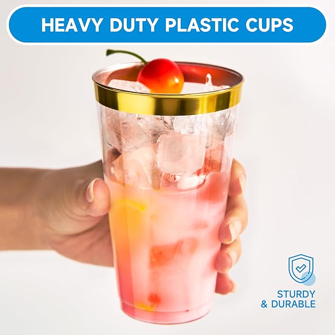 RACETOP 16 oz 100 Pack Disposable Plastic Cups with Gold Rim, Disposable Gold Rim Plastic Cups for Parties, Weddings, Gatherings, and Festival Events