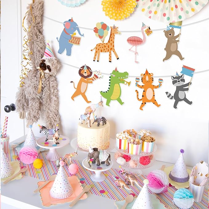 Hooqict Party Animal Banner Animal Birthday Party Decorations Happy Birthday Garland Banner for Kids Girls Boys Zoo Carnival Decorations Supplies
