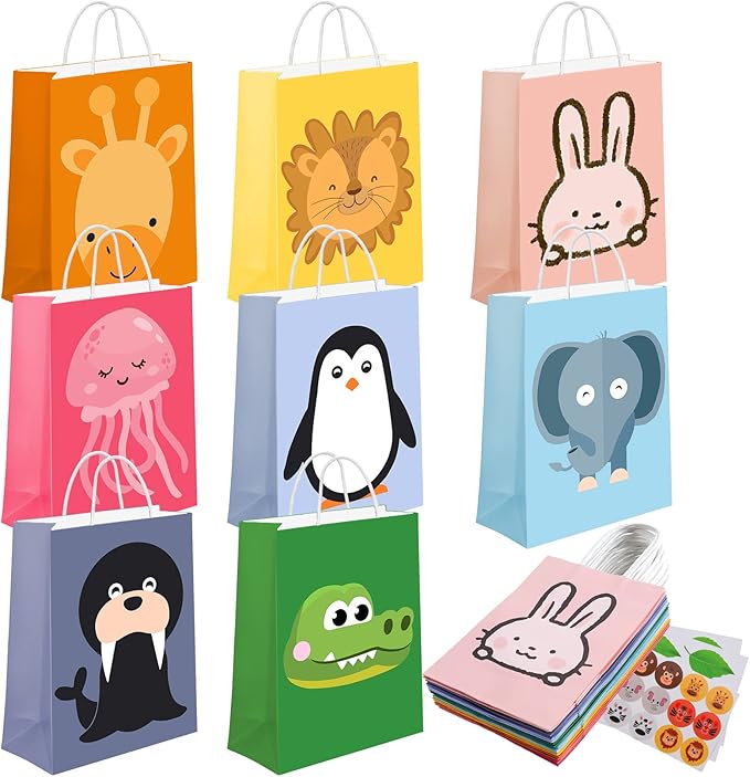 24 Pack Animal Party Favor Bags,Kids Goodie Bags for Birthday Party,Animal Goodie Treat Bags,Colorful Paper Gift Bags with Handles,Candy Bags for Kids Jungle Animals Theme Party Supplies 8 Designs