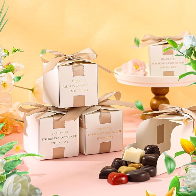 Marspark 50 Pcs Wedding Favor Boxes, 2.5 x 2.5 x 2.5 Inch Wedding Party Candy Boxes with Ribbons Bridal Gift for Guests Bridal Shower Birthday Party Anniversary Supplies(Gold)