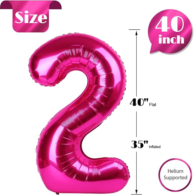 Hot Pink Number 2 Balloon 40 Inch, 2 Balloon Number, 2nd Birthday Decorations for Baby Girls Boys Toddlers