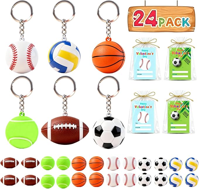 24 Pack Easter Basket Stuffers for Kids - Funny Keychains with Valentine Gifts Cards for Boys, Girls, Toddlers, Friends, Classroom School Exchange Party Favors (24)