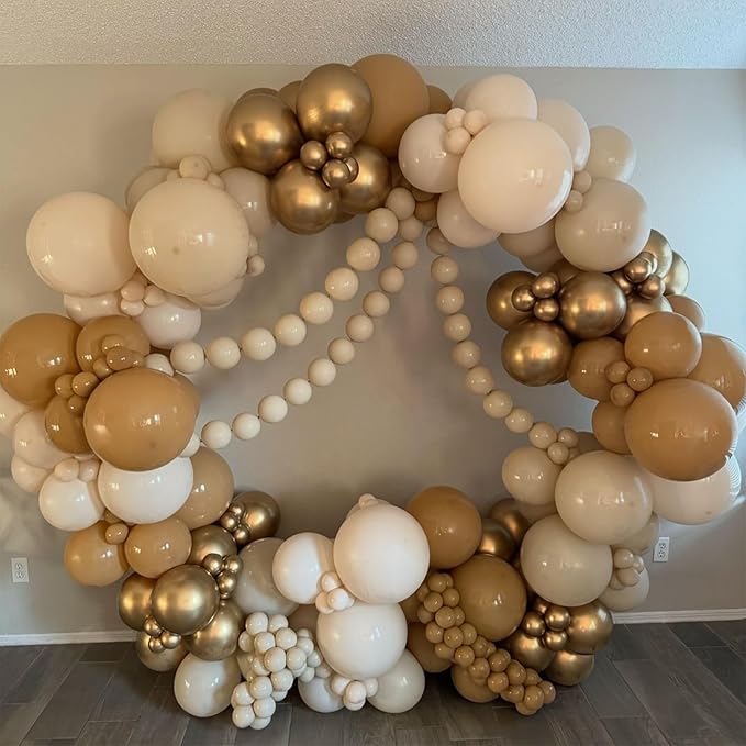 Brown Balloon Garland Arch Kit, Double Stuffed Brown Nude Cream White Balloon Metallic Gold Confetti Balloons for Neutral Gender Reveal Baby Shower Safari Birthday Party Decorations Supplies
