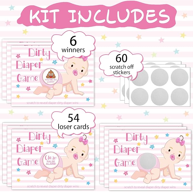 Geyee 60 Pieces Baby Shower Scratch off Game Funny Raffle Cards Baby Shower Party Games Decorations Cute Activity for Activity and Idea for Boy Girl(Pink)