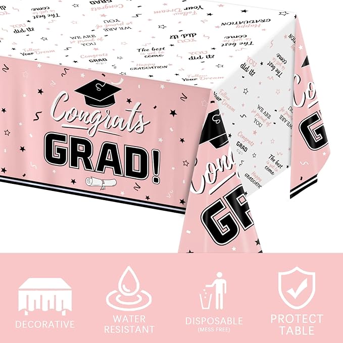 Oigco Graduation Decorations Congrats Grad Graduation Tablecloth for 2026 Graduation Party Supplies, 3 Pcs Pink Plastic Table Cloths, 54"x108"