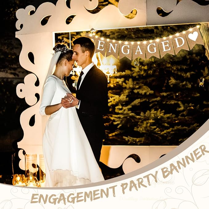 Engagement Party Decorations Engaged Banner Heart Burlap Rustic Bunting Garland LED Fairy Lights Battery Operated String Lights for Congratulations Engaged Party Outdoor Tree Decorations Wedding