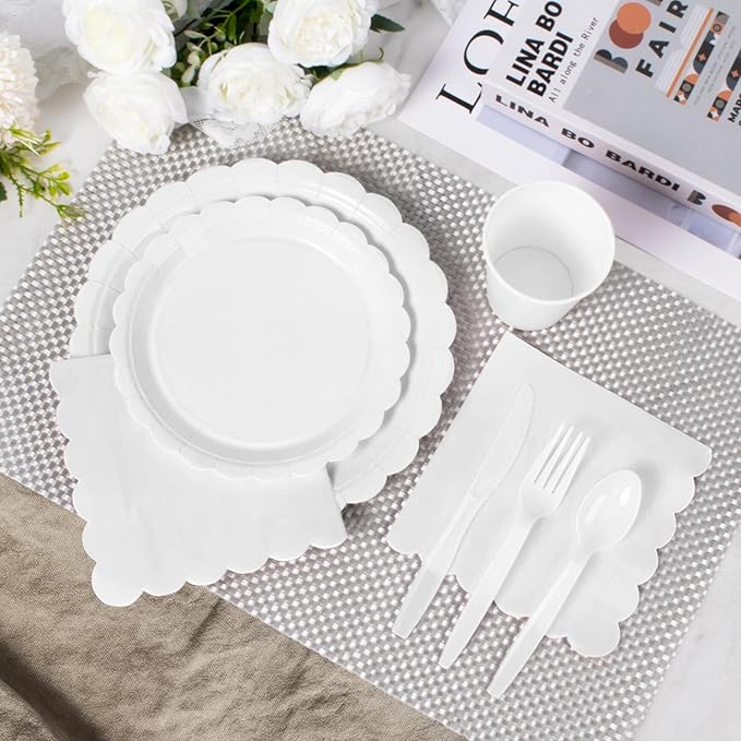 Vyntra 175 Pcs White Disposable Paper Plates and Napkins Set for 25, 9" Dinner Plates & 7" Dessert Plates, Tableware for Wedding, Bridal Shower, Birthday, Party