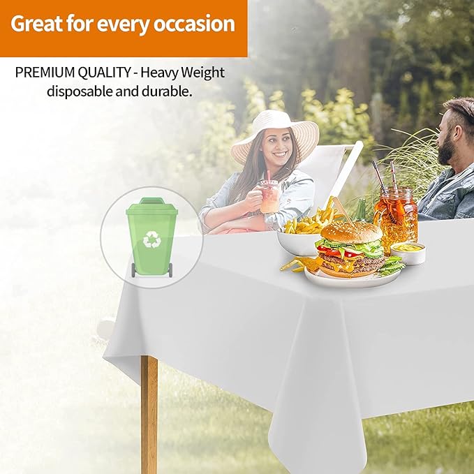 Party Dimensions White Disposable Plastic Tablecloth for Rectangle Tables (48 Pack) Premium Decorative Table Cloths for Parties, Events & Weddings, Indoors & Outdoors, 54 x 108 inches