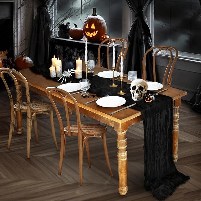 Halloween Table Runner, 10FT Black Cheesecloth Table Runner 35*120inch Black Halloween Decor for Halloween Indoor Table Kitchen Party Decorations