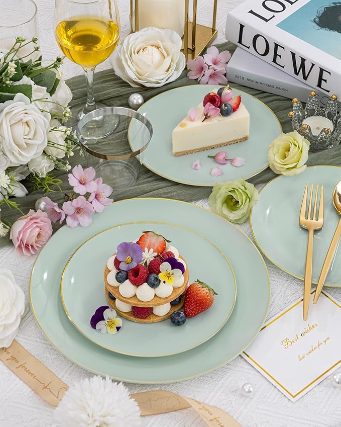 bUCLA 150PCS Green Plastic Plates - Sage Green with Gold Rim Disposable - Include 25 (Dinner & Dessert) Plates, 25 Knives, 25 Forks, 25 Spoons and 25 Cups for Party, Easter & Spring