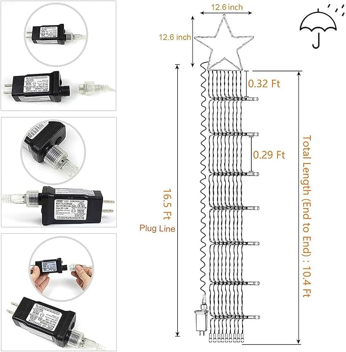 Christmas Decoration Lights, Outdoor Christmas String Lights 320 LED 11.5 Ft Waterfall Tree Light with Big Star Topper 8 Light Modes for Xmas New Year Holiday Garden Yard Indoor Outdoor Decor