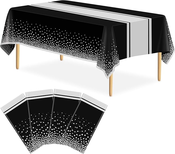 4 Pack Black and Silver Tablecloth Party Decorations Plastic Black Tablecloth Printed Silver Table Runner 54 x108 Inch Disposable Rectangle Table Cover for Birthday Wedding Graduation