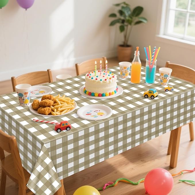 4 Pack Khaki Tablecloths, Khaki and White Checkered Tablecloths 86 x 51 Inches Gingham Tablecover Rectangular Waterproof Picnic Table Covers for Birthday Party Supplies