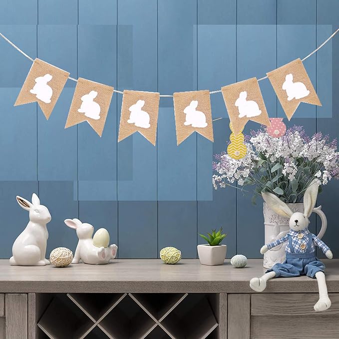 Easter Burlap Banners Decoartions, Rustic Rabbit Bunny Burlap Garland Banners for Easter Day Decorations Happy Easters Day Home Office School Party Supply
