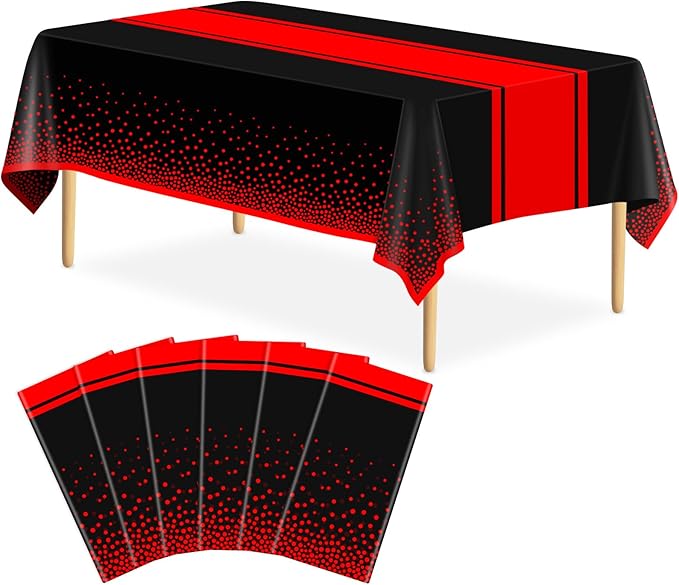 6 Pack Black and Red Tablecloth Party Decorations Plastic Black Tablecloth Printed Red Table Runner 54 x108 Inch Disposable Rectangle Table Cover for Birthday Wedding Graduation