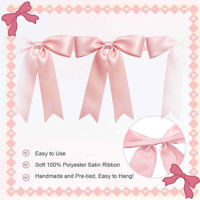 2 Strings of 16PCS Pink Bow Garlands Banner Decoration,Pre-Strung Satin Ribbon Ornaments for Birthday,Bachelorette Party,Bridal Shower, Wedding,Engagement,Baby Shower, Graduation Deco,Anniversary