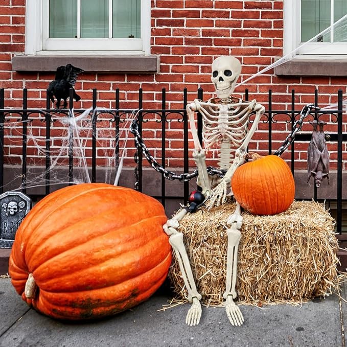36" Skeleton Halloween Decorations, 3FT Realistic Full Body Movable Posable Joints Skeleton, Creepy Halloween Plastic Skeleton for Graveyard Decorations, Haunted House Props Indoor/Outdoor Decor