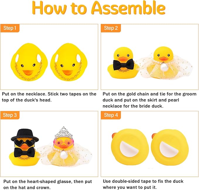 wonuu Pair Set of 2 Bride and Groom Rubber Ducks for Wedding Favors, Party Favors, Ceremony Gift Set, Marriage Souvenir, Marry Blessings, Aniversary Present, White Dess with Veil&Soft Top Hat