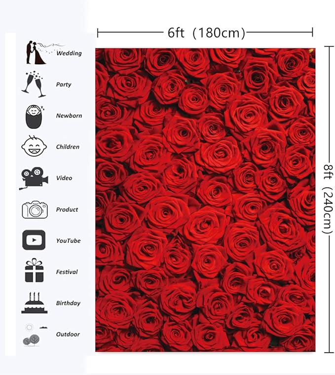 RUINI Red Rose Floral Wedding Photography Backdrop Rose Wall Valentines Day Wedding Bridal Shower Party Decorations Banner 6x8FT