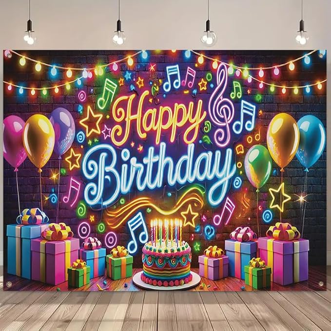 Happy Birthday Banner Backdrop, 71x43 In,Neon Music Theme Birthday Party Decorations with Balloons Cake Gifts, Colorful Brick Wall Background for Boys Girls Kids Birthday Photo Booth Supplies