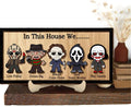 In This House We Horror Halloween, 2 Layered Frame Wood Sign, Halloween Signs, Wall Hanging Scary Decorations, Haunted Party, Spooky Movie Characters decor for Indoor Outdoor Wall Desk (STAND)