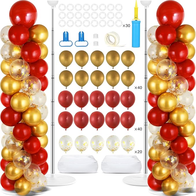 2 Sets Red Gold Balloon Column Stand Kit with 100 Balloons Adjustable Balloon Tower Stand with Bases for Floor Red Gold Confetti Balloon Column Kit for Valentine's Day Sport Birthday Wedding Party