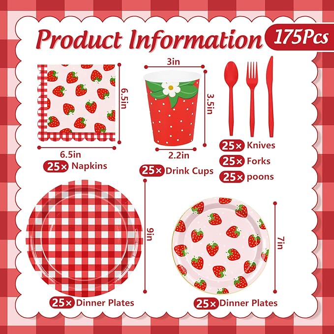 175Pcs Strawberry Gingham Party Supplies Kit Red Pink Plaid Tableware Set Disposable Dinnerware Paper Napkin Plate Cup Spoon Fork Knife for 25 Guest Party Favor
