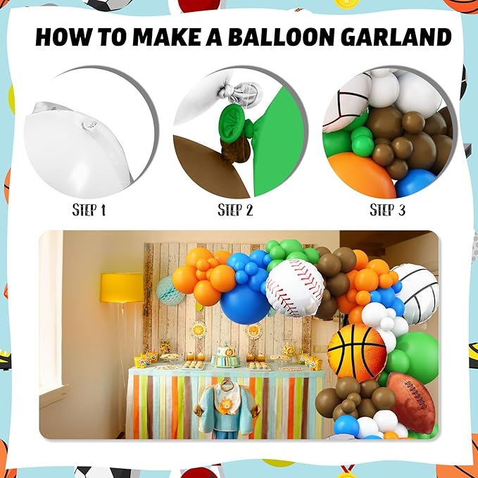 Sports Balloon Arch Garland Kit, 115Pcs Sports Party Baseball Soccer Basketball Football Helium Balloons Blue Green Orange Sport Latex Balloon for Boys Sport Themed Birthday Party Decorations Supplies