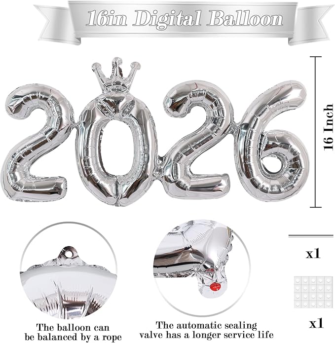 TONIFUL 2026 Silver Crown Foil Number Balloons 16 Inch Silver Number Banner 2026 Graduation Aluminum Foil Mylar Balloons for New Year Eve Christmas Anniversary Party Supplies