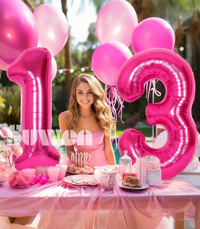 SUWEN 40 Inch Hot Pink Large 13 Number Balloons Big Foil Helium Number Balloons 0-9 Jumbo Happy 13th Mylar Birthday Party Decorations for Girl or Women 31 Anniversary Party Supplies