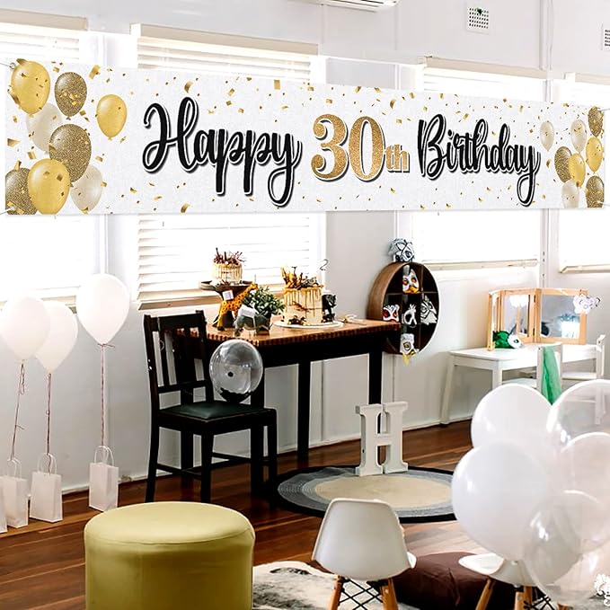 Happy 30th Birthday Decorations,30th Gold Balloon Large Birthday Hanging Banner Sign,Cheers to Thirty Years Old Bday Party Supplies.